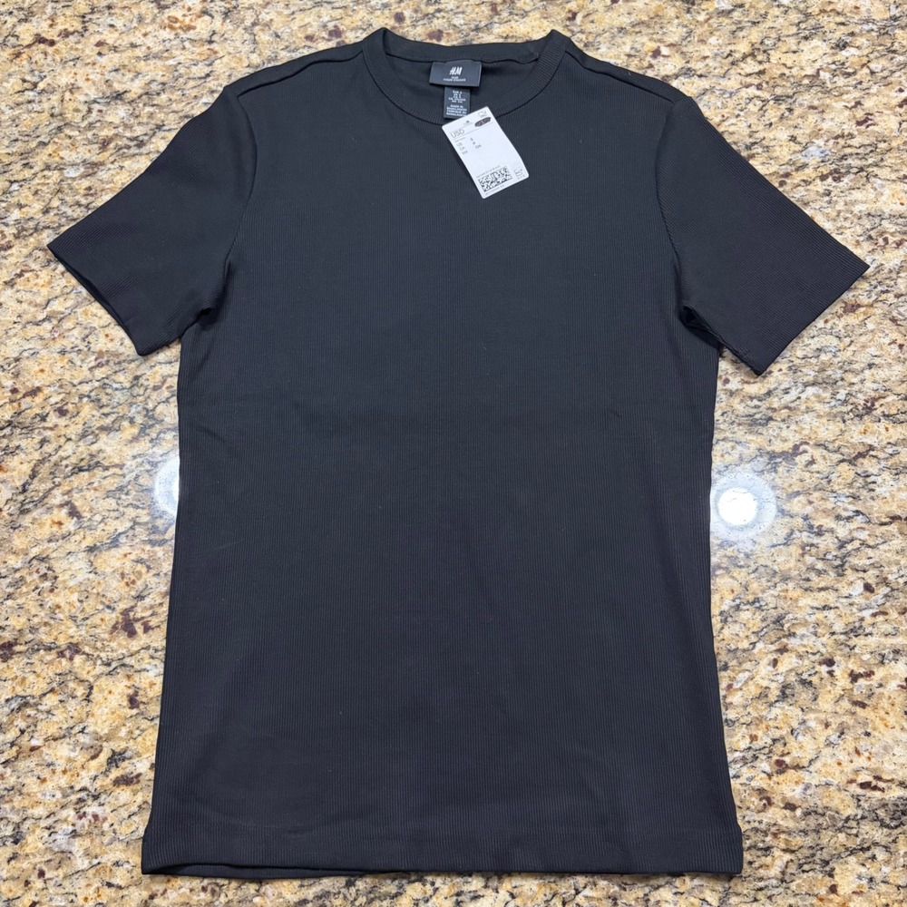 NEW HM Mens Slim Fit Ribbed T-Shirt Black Short Sleeve Crewneck Small ws